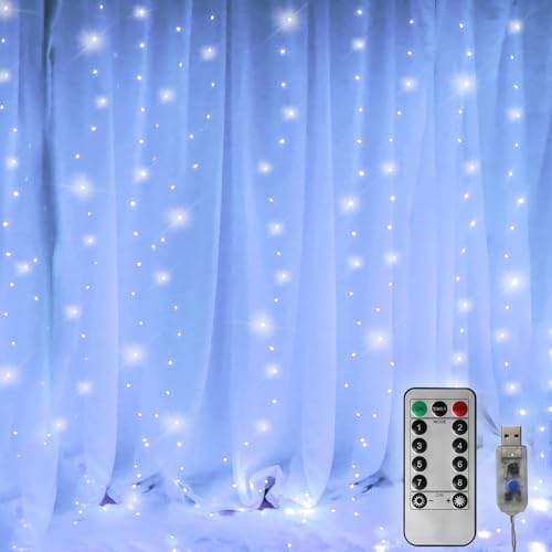 Curtain Lights 300 LED String Lights, Hanging Window Lights USB Powered 8 Mode & Timer Remote...