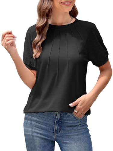 ZANZEA Womens Summer Tops Puff Blouses Women Dressy Casual Crew Neck Short Sleeve Shirts Women Pleated Tunic Loose T-Shirts Black Large