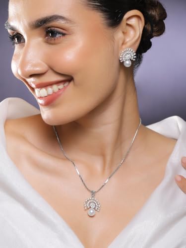 Image of Rubans Pendant Necklace Set American Diamond and Zirconia Gift Jewellery for Women & Girls