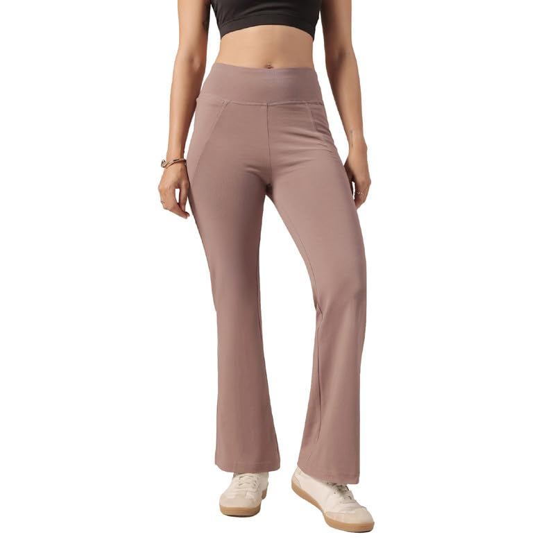 Image of Blissclub AM:PM Cotton Flare Pants for Women Above 5'5 ft Tall | Wide Waistband, 4 Pockets | Bell Bottom Pants and high Waist Trousers for Office wear
