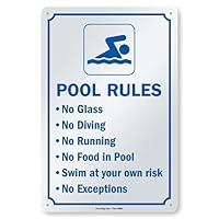 SmartSign 38,1 x 25,4 cm Schild mit Symbol Pool Rules - No Glass, No Diving, No Running, No Food In Pool, Swim At Your Own Risk, No Exceptions, digital bedruckt, 55 mm HDPE-Kunststoff, blau und weiß