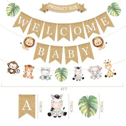 Image of Weecent Pre-Strung 6ft Burlap Welcome Baby Banner for Safari Baby Shower Decorations Neutral Jungle Animals Gender Reveal Party Decor