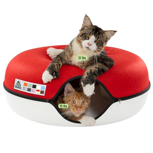 Image of Cattasaurus Peekaboo Cat Cave, Extra Spacious for Multiple & Large Cats 12+ lbs, Scratch Detachable Cat Beds for Indoor Cats, Washable Tunnel Bed, Comfy Donut Tunnel (Ruby Snowball, Jumbo)