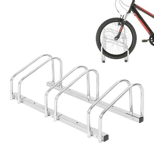 KOMBO - Rastrelliera Portabici 3 Posti in Acciaio Zincato per Ruote fino a 28' con Ganci Doppi e Tappi Anti-Graffio – Parcheggio Bici da Esterno o Garage, 63x30x21 cm