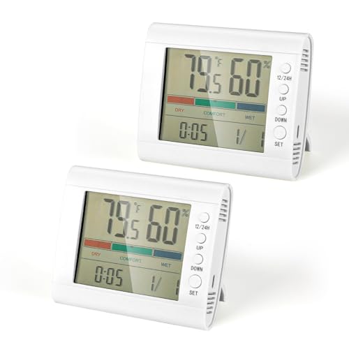 Romon Thermometre Interieur, 2 Pieces Thermomètre Hygrometre Options De Suspension/Support, Testeur Humidit LCD Intérieur, Pour Réfrigérateur, Thermostat Intérieur, Blanc