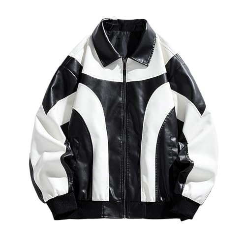 Men's Varsity Jacket Motorcycle Leather Jacket Fashion Color Block Baseball Leather Jacket Streetwear Bomber Coats