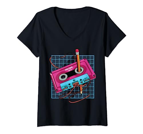 Femme Vintage Cassette Tape Pencil 70s 80s 90s Music Mixtape Retro T-Shirt avec Col en V