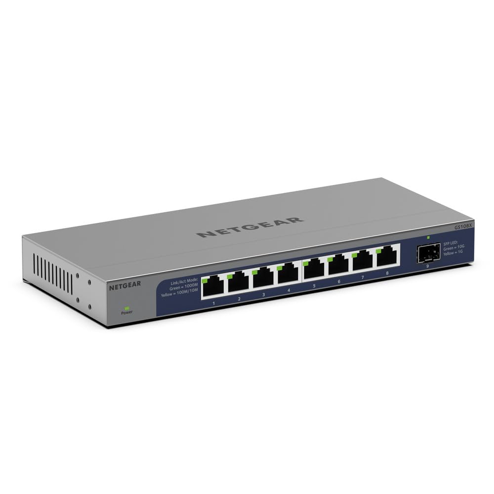 NETGEAR (GS108X) Switch Non manageable 1 Gigabit/10 Gigabit Ethernet 8 Ports - avec 1 Port SFP+ 10 Gigabit, positionnement sur Un Bureau ou en Rack