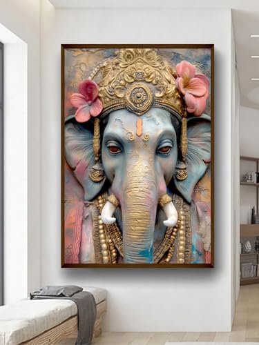 Image of Artsense Wood Abstract Lucky Elephant Wall Decoration - Big Size Multicolor Painting With Frame - 20x30 Inches /(50x71Cm) For Living Room