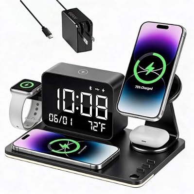 THL 7-in-1 Magnetic Wireless Charging Station with Digital Clock & LED Lamp
