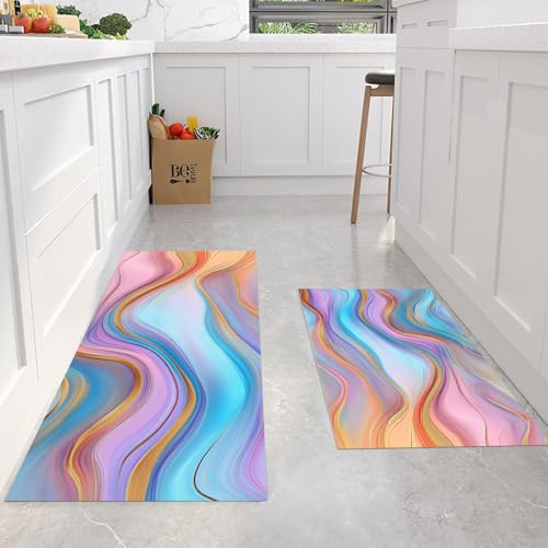 Fondo de Lujo Líneas onduladas y vórtices Alfombra de Cocina Lavable, Antideslizante, cómoda, Impermeable, para el hogar, la Cocina y la lavandería, 2 Piezas (Azul Claro, 40x60+40x120cm)