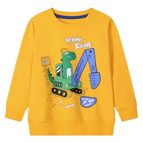 Gumyoss tröjor pojkar tröjor bomull för barn pojkar tröja med dinosaurietryck för pojkar ålder 2–7 år, Grävmaskin gul, 110