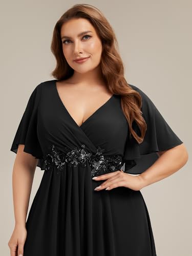 Image of Ever-Pretty Short Sleeves V Neck Plus Size Formal Dresses for Curvy Women Chiffon Mother of The Bride Dress Evening Gowns