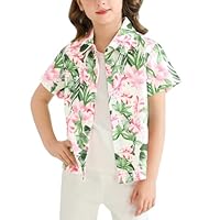Cudtum Boys Girl Hawaiian Shirt Tropical Button Down Blouse Summer Casual Beach Shirt Short Sleeve Top Size 5-24 Years Pink