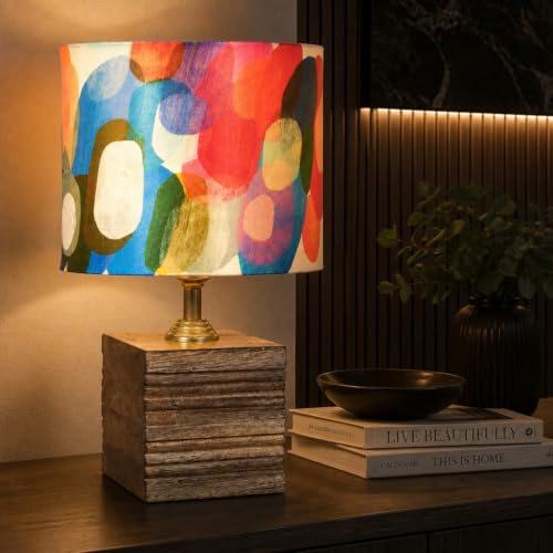 Image of tu casa Mango Wood Table Lamp Fabric Shade Bedroom, Living Room, Console
