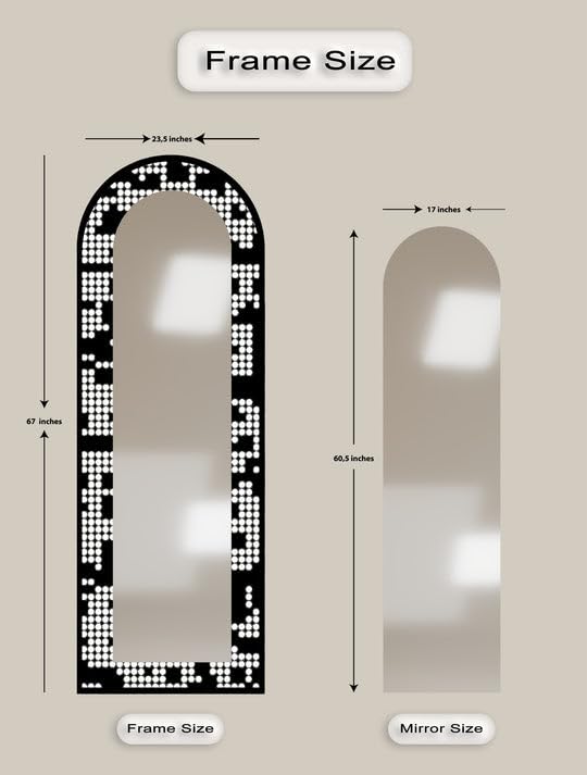 Specchio da pavimento a forma di punto monocromatico, lunghezza totale 50,8 cm x 160 cm (larghezza x altezza), specchio da pavimento con cornice nera e cornice dorata