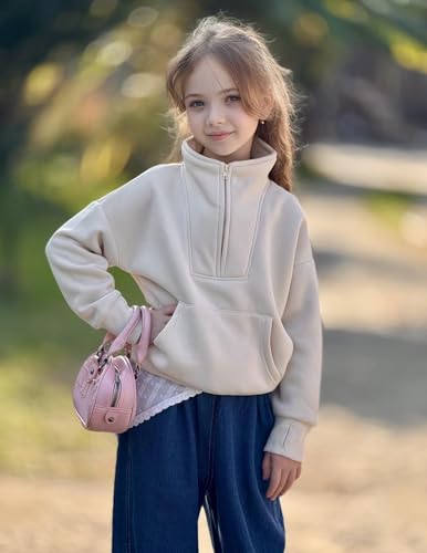 Image of Arshiner Girls Half Zip Sweatshirt Fleece Quarter Zip Pullover Sweatshirts | Fall Fashion Clothes for Teen Girls with Thumb Hole for 5-16 Years