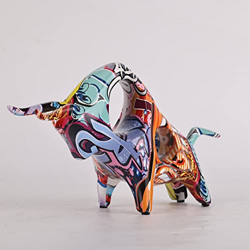 Resin Graffiti Bull Statue, Minimalistic Full-Color Bull Figurine Decor, Originality Abstract Bull Sculpture Home Decor, Suitable For Interior Decor, Bookshelf, Table Top, Centerpiece(Graffiti B) #TOP4