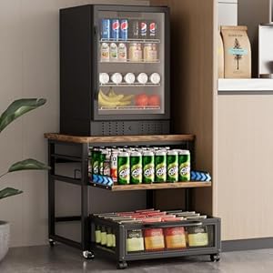 DDJ Mini Fridge Stand with Storage, 20.8×20.8in Heavy Duty Mini Fridge Table with Pull-out Shelf and Lockable Wheels, Compact Refrigerator Stand with Drawer Basket for Home Office, Rustic Brown