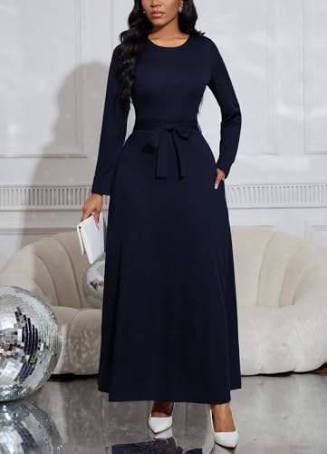 Image of BubFee Long Dress for Women Casual Long Sleeve Dresses Maxi Dress Empire Waist Loose with Belt