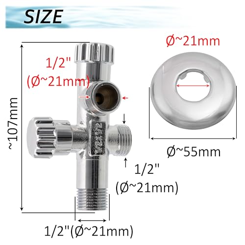 Miniatura 4 de Aerzetix - C74961 - Válvula En Ángulo De Doble Salida 1 2 X1 2 X1 2 Con Roseta Y Junta Ptfe - En Latón - Acabado Niquelado - Grifo De Agua Potable Sanitario Racor Lavabo Baño Cocina