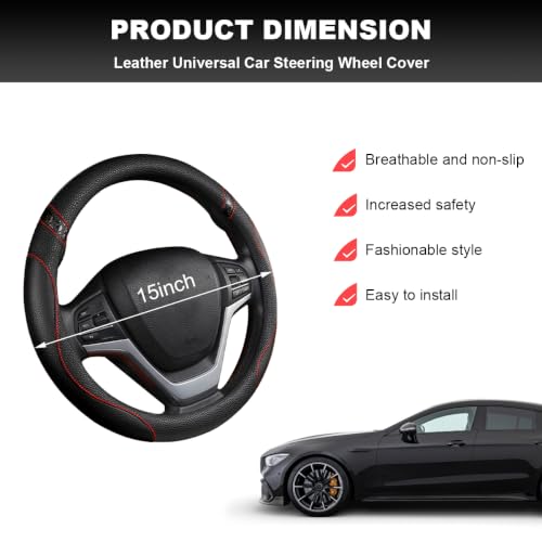 Image of Car Steering Wheel Cover, 15 Inch Premium Leather Breathable Non-Slip Wheels Wrap, Universal Auto Comfortable Steering Wheel Protector for SUV Truck Van, Car Accessories (Black)