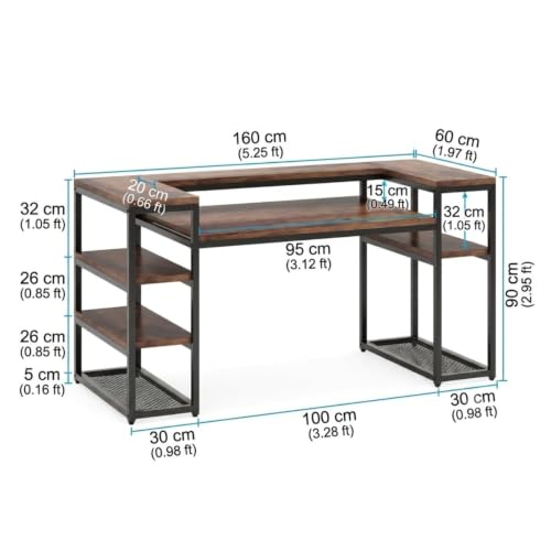 Image of Computer Desk 160 cm with Storage Shelves| Monitor Stand, Home Office Writing Table, Wooden Study Table for Laptop Work at Home| Modern Office Furniture| Rustic Brown| 160x60x90cm