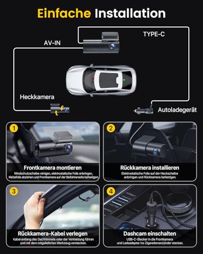 GKU Dashcam Auto Vorne Hinten 4K+1080P, 5GHz WiFi Dashcam mit 64GB SD Karte – Ansicht 7