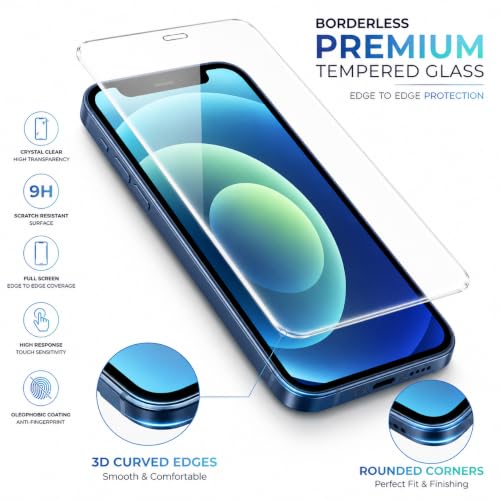 Image of ArmourPro 3D Borderless Tempered Glass for iPhone 12 Mini, Set of 2 HD Clear Screen Protectors with 3D Curved Edges, 9H Hardness, Oleophobic Coating, Case Friendly