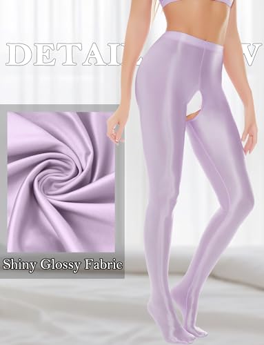 Image of FEOYA Women's Open Crotch Oil Shiny Pantyhose High Waist Control Top Silky Oily Crotchless Footed Tights Stockings