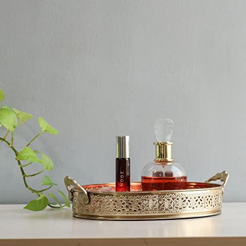 Image of Craft Brio -A TRENDY HANDICRAFTS Oval Glass Mirror Gold Plated Serving Tray with Handmade Handles Decorative Vanity Perfume Storage Pooja Wedding Gifting Trays (28 X 16 cm)