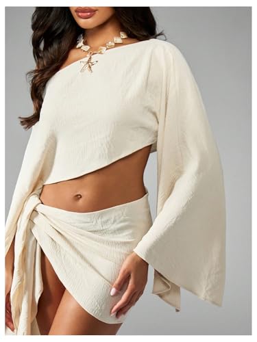 MakeMeChic Women's Summer 2 Piece Sets Beach Bathing Suit Cover Up Poncho Crop Tops Wrap Skirt3