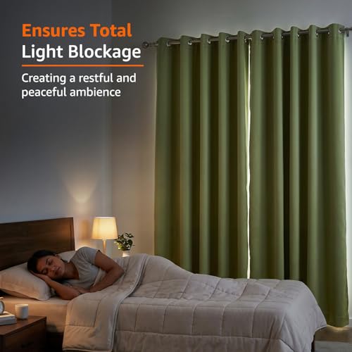 Image of Amazon Basics - Room Darkening Blackout Door Curtains, 100% Room Darkening | 9 Feet |Set of 2| Plain Design | for Living Room and Bedroom | 115cmx 274cm, Color- Green