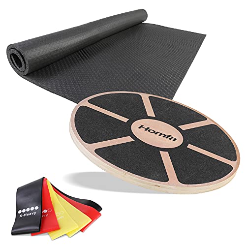 Homfa Juego de Tabla Equilibrio Balance Board Plataforma de Equilibrio con 3 Cintas Elasticas y 1 Esterilla Deporte para Entrenamiento de Fitness Fisioterapia Madera