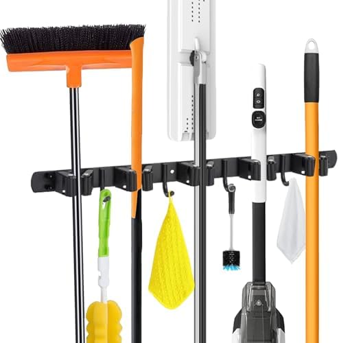 Stainless Steel Mop & Broom Holder Wall Mount Heavy Duty Organizer,Non-Slip Hanger for Kitchen/Bathroom/Garage - Space Saving Tool Storage with Rustproof Hooks (1, black)