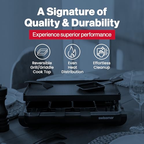 Image of Swissmar Classic 8-Person Raclette Party Grill with Reversible Cast Aluminum Non-Stick Grill Plate /Crepe Top, Indoor Electric Raclette Grill & Griller - Black Grill Plate - Red