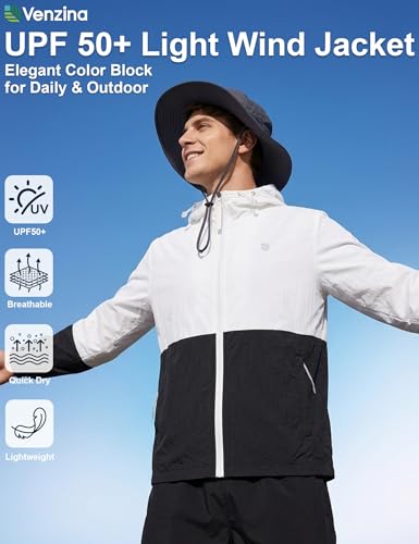 Image of Venzina Sunscreen Jacket for Men Lightweight UPF 50+ Breathable Sun Hoodie Wind-Resistant Quick-Dry Packable Jacket for Running Hiking Fishing