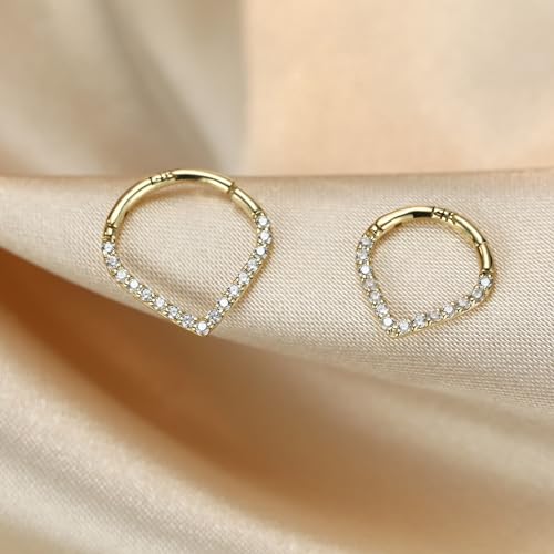 FUNLMO 14K Solid Gold Clear Cube Zircon Teardrop Septum Daith Jewelry Nose Ring Hoop Yellow Gold Cartilage Earring Tragus Helix Rook Daith Conch Piercing Jewelry 16G 8mm 10mm4