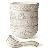 Artena Soup Bowls 32 OZ, Cereal Bowls & Soup Spoons, Embossed Ceramic Pho Bowl And Spoons Set for Ramen, Breakfast, Rice, Salad, Set Of 4, Dishwasher & Microwave Safe (Multiple Patterns)