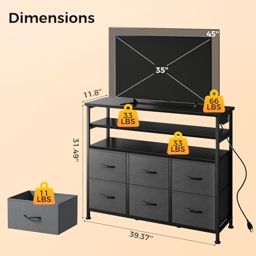 Image of NEWBULIG Dresser TV Stand with 6 Fabric Drawers and 2 Shelves, TV Media Console Table for Up to 45 inch, Entertainment Center with Charging Station for Living Room Bedroom, Grey