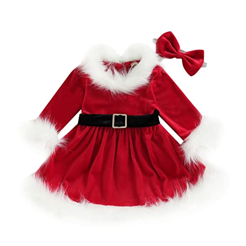 Toddler Baby Girls Christmas Dress Red Velvet Dress Long Sleeve Santa Claus Dress Fleece Plush Xmas Princess Party Dresses