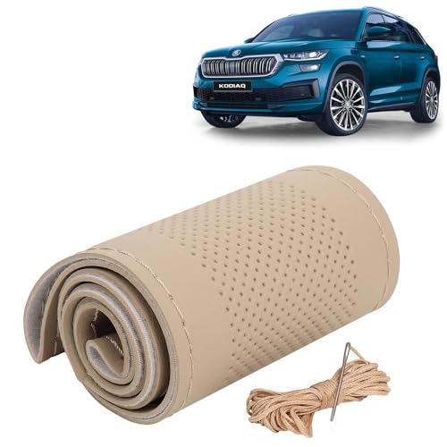 Image of KINGSWAY PU Leatherite Car Steering Cover Sewable Compatible with Skoda Kodiaq (Year 2022 Onwards), Beige Color with Beige Thread, Pack of 1 with Sewing Needle and Thread