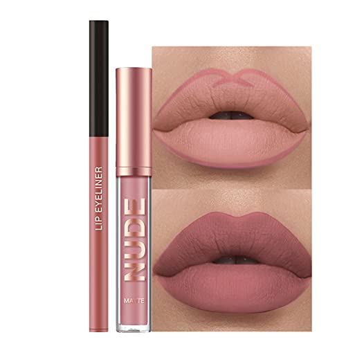 Rosarden 2Pcs Matte Lipstick and Lip Liner Set - Nude Lip Gloss and Lip Liner Set - Non-Stick Cup Waterproof Long Lasting Lipstick and Lip Liner Set -Velvety Cream Lipliner Lip Gloss MakeUp Set
