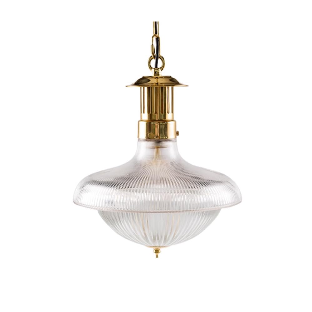Lustre industriel en verre côtelé et métal doré avec suspension E27