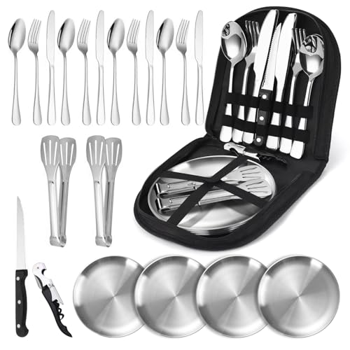 Set di Posate da Campeggio per 4 Persone, 21 Stoviglie da Campeggio Acciaio Inox con Cucchiaio,Forchetta,Ciotola,Borsa Portatile,per Picnic,Viaggi,Barbecue,Escursioni,Campeggio(Nero)