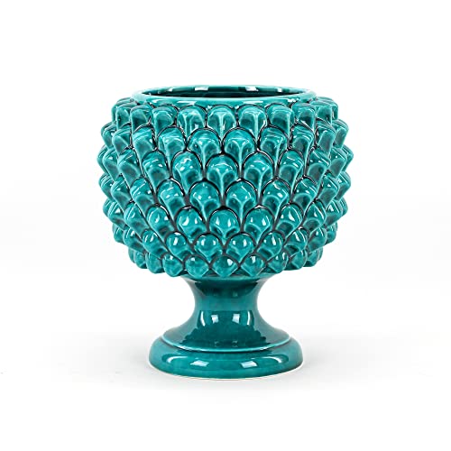 Ø cm 20; H cm 21 CEAR ceramiche - Mezza pigna colore Verde Ramina, pigna portavaso, portaoggetti, portadolci in ceramica siciliana di Caltagirone H cm 21