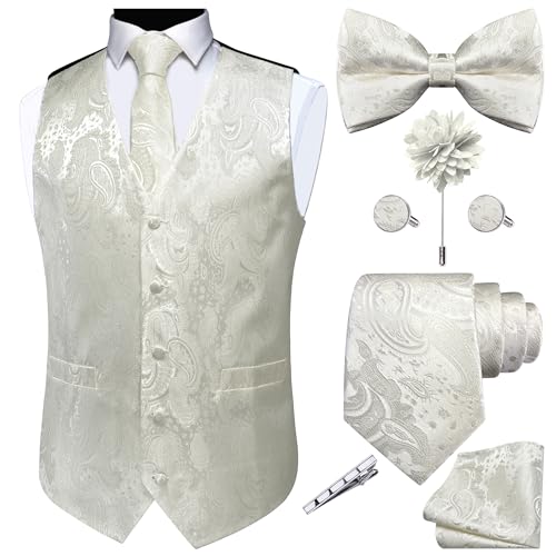 GUSLESON Mens White Vest Tie and Bow Tie Set Formal Waistcoat Paisley Floral Jacquard Necktie Pocket Square Suit Vests Lapel Pin Wedding Party (0818-02-3XL)