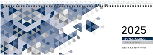 Zettler - Tischquerkalender 2025 blau, 29,6x9,9cm, Bürokalender mit 60 Seiten, Tages-, Wochen- und Zinstageszählung, Steuerterminen, Spiralbindung und internationales Kalendarium