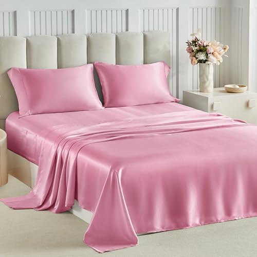 Tokokimo Satin Sheets Full Size 4 PC - 16" Deep Pocket Silky Soft Bed Sheets, Wrinkle-Free Pink Satin Silk Sheet, Hair & Skin Saver Bed Sheets Set with 1 Fitted Sheet, 1 Flat Sheet, 2 Pillow Cases