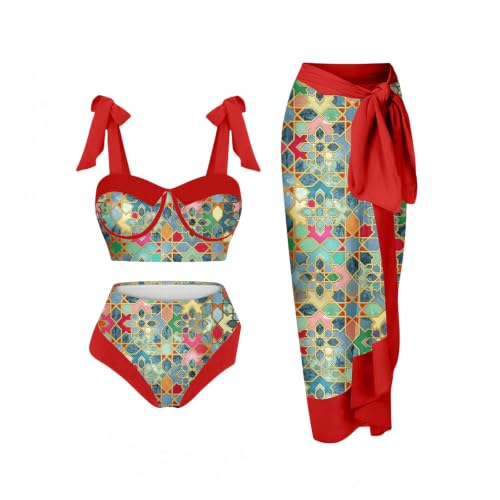 Ensemble bikini femme 3 pièces jupe débardeur motif tropical